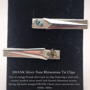 Vintage SWANK Silver-Tone Rhinestone Accent Tie Clips